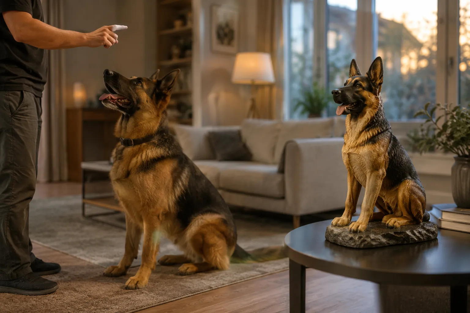 An attentive German Shepherd during a living-room training session beside its full-color resin figurine