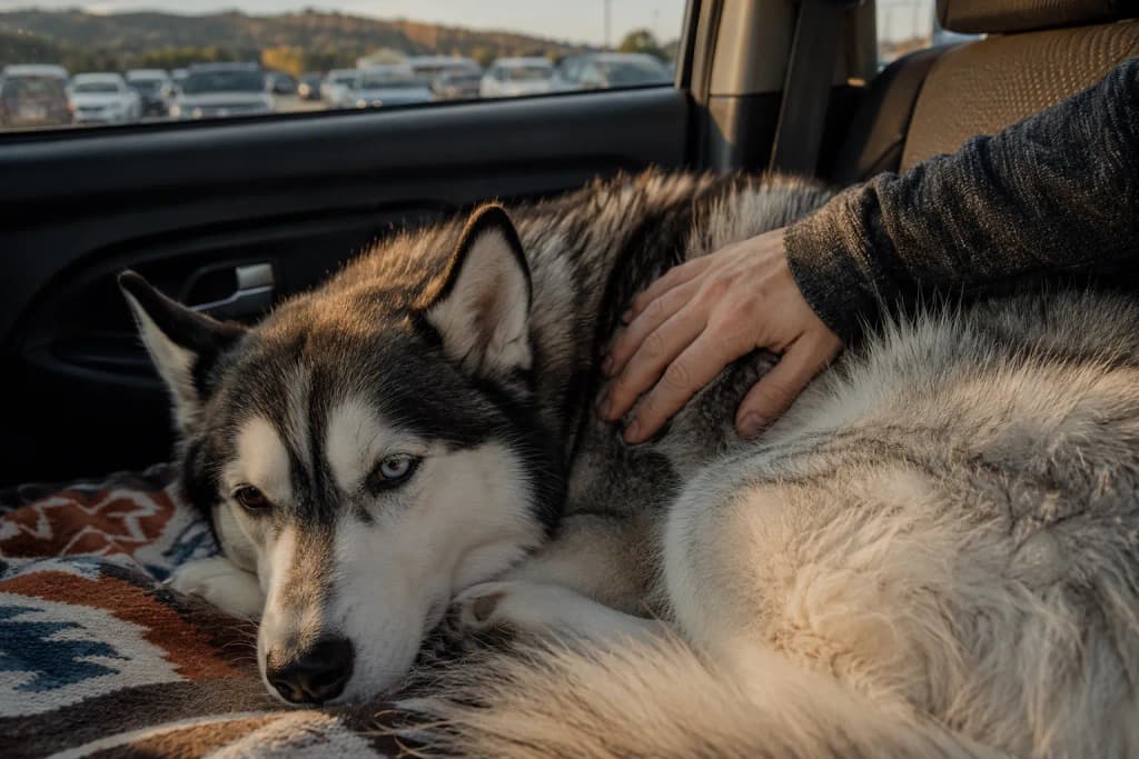 Relaxed Husky lying on a familiar blanket in a car back seat with owner's reassuring hand on its side