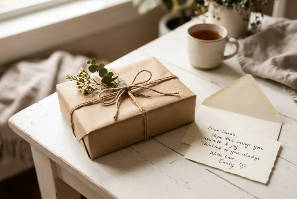 Wrapped gift box with kraft paper and twine on white table with handwritten card