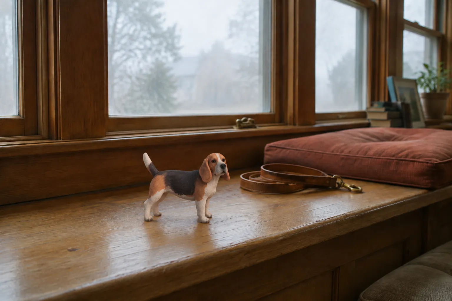 Tricolor Beagle figurine on a fir window seat beside a coiled leather leash and a rust wool cushion in foggy light