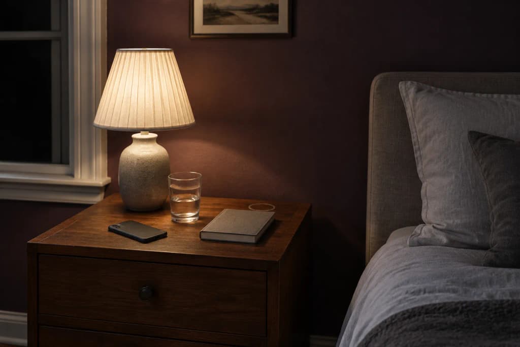 A bedside table at night with a lit lamp, a glass of water, a phone lying face down and a closed cloth notebook