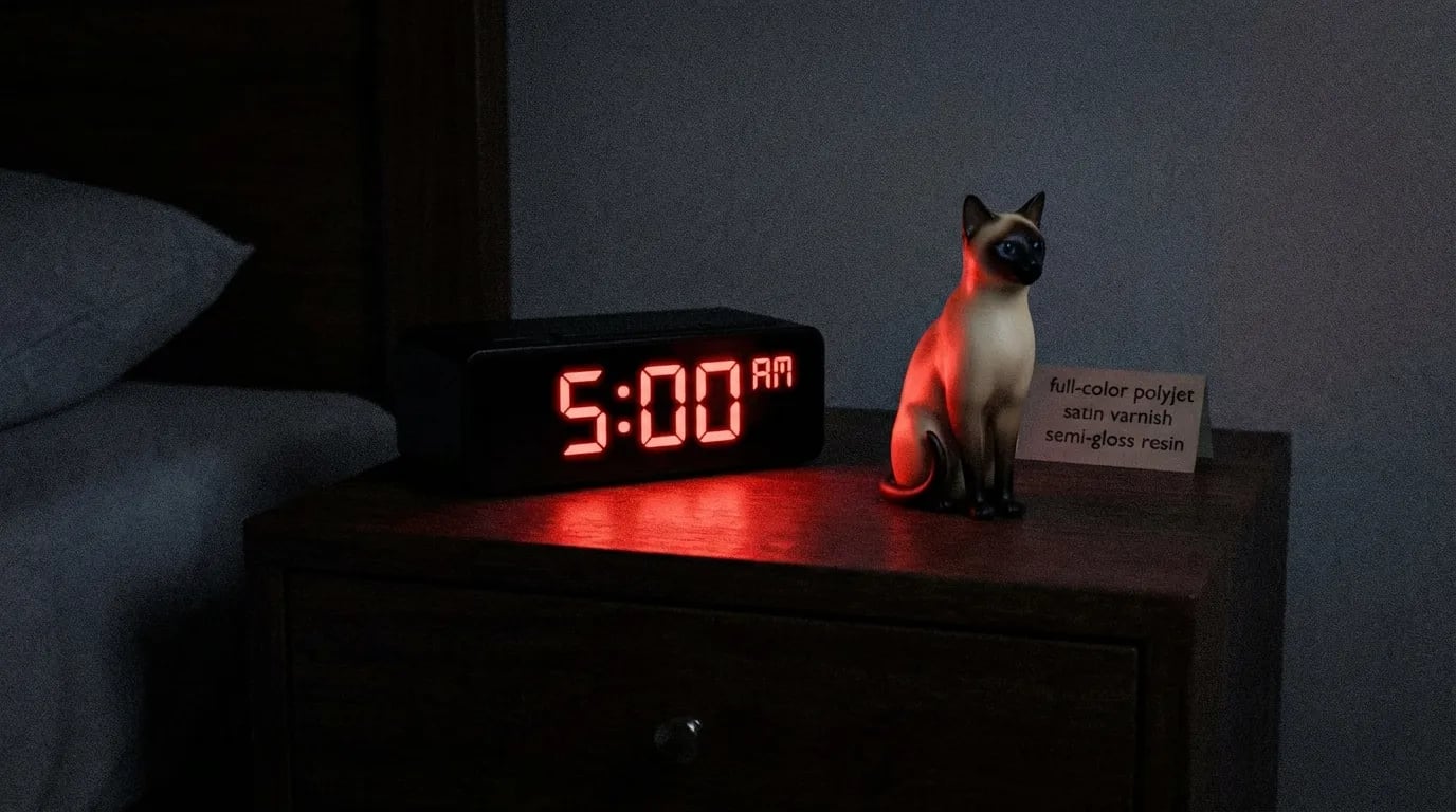 A Siamese cat figurine next to a digital alarm clock at 5 AM.