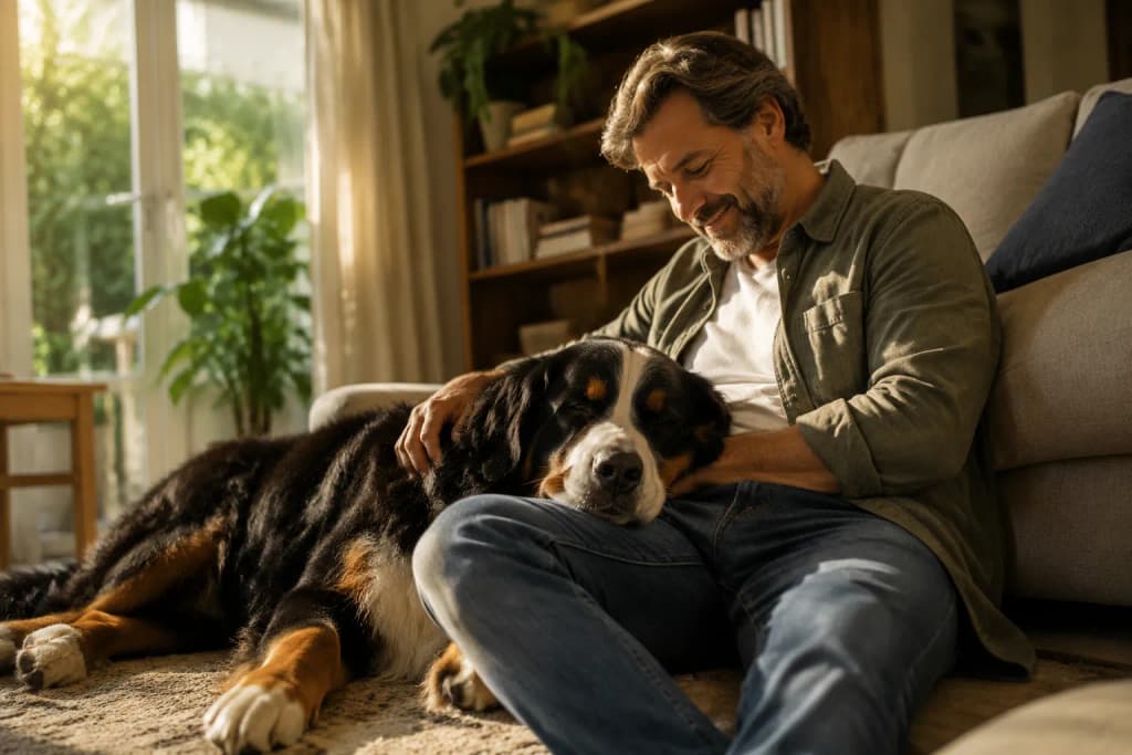 A large Bernese Mountain Dog resting its head on a proud owner's lap in a stylish sunlit living room