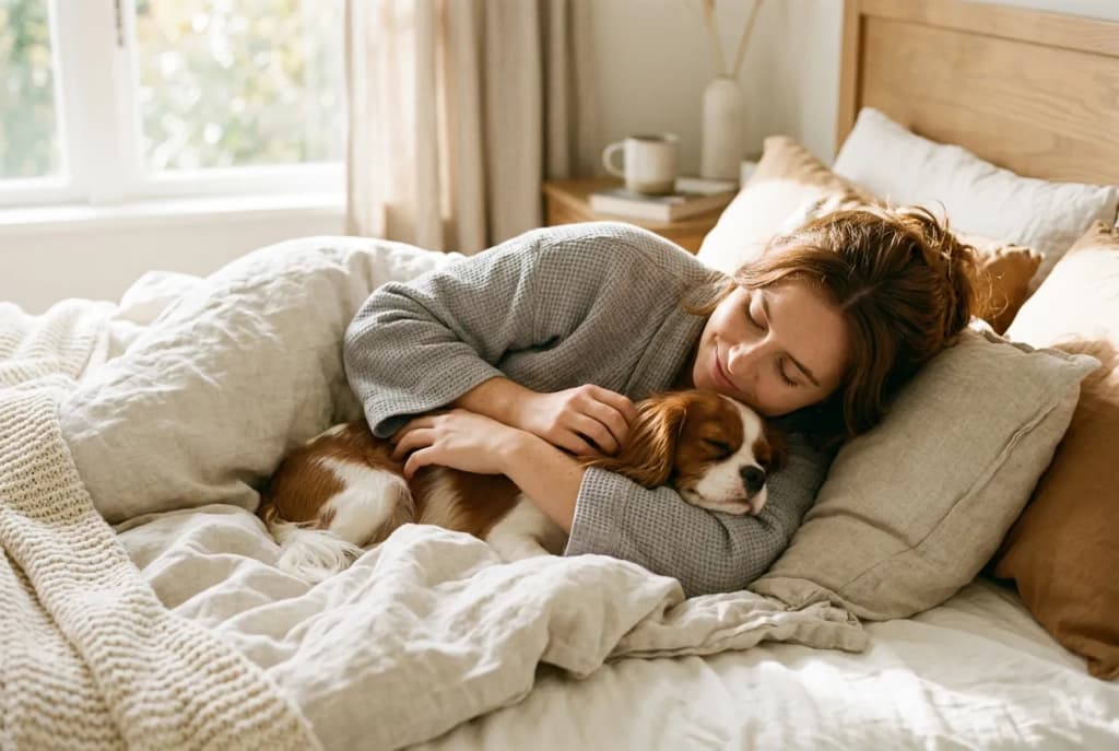Woman in a cozy robe cuddling a Cavalier King Charles Spaniel on a sunlit bed in morning light