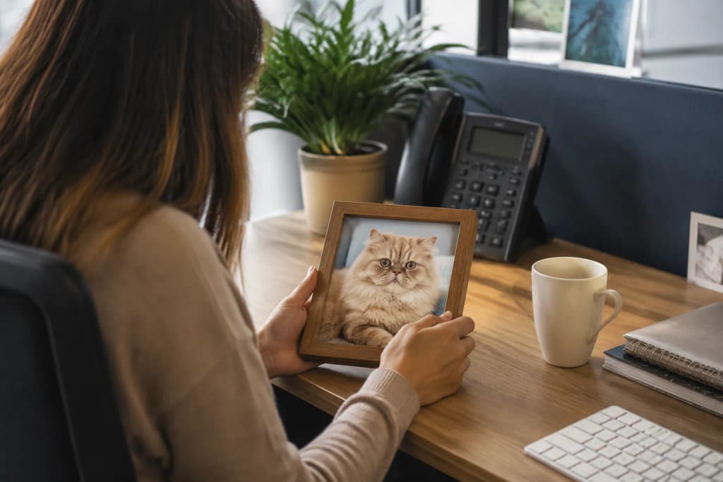 A woman smiling softly at her desk while looking at a framed photo of her fluffy Persian cat