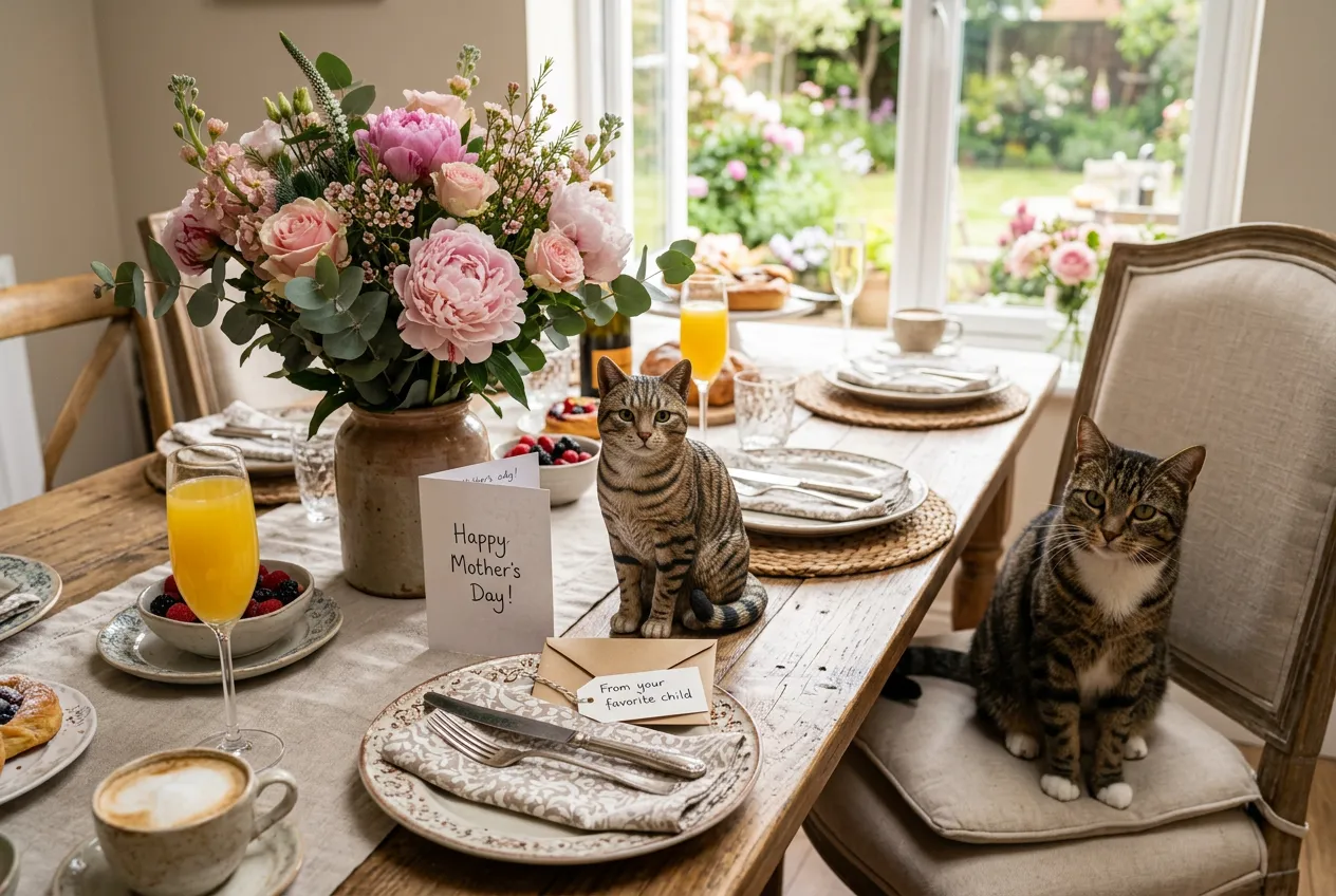 Full-color 3D printed resin Tabby figurine on a Mother's Day brunch table with peonies and a real Tabby