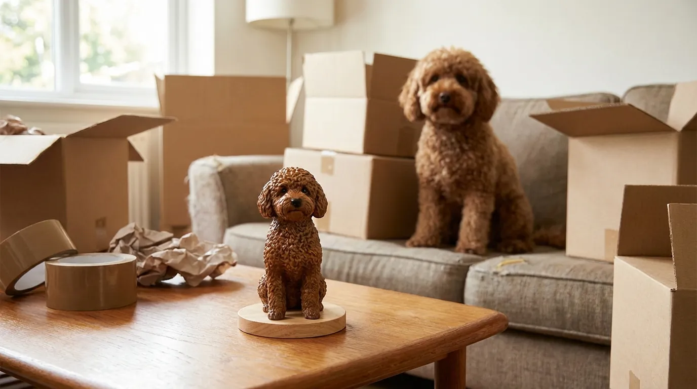 A standard poodle sitting amidst moving boxes with a small custom figurine of itself on a taped box.