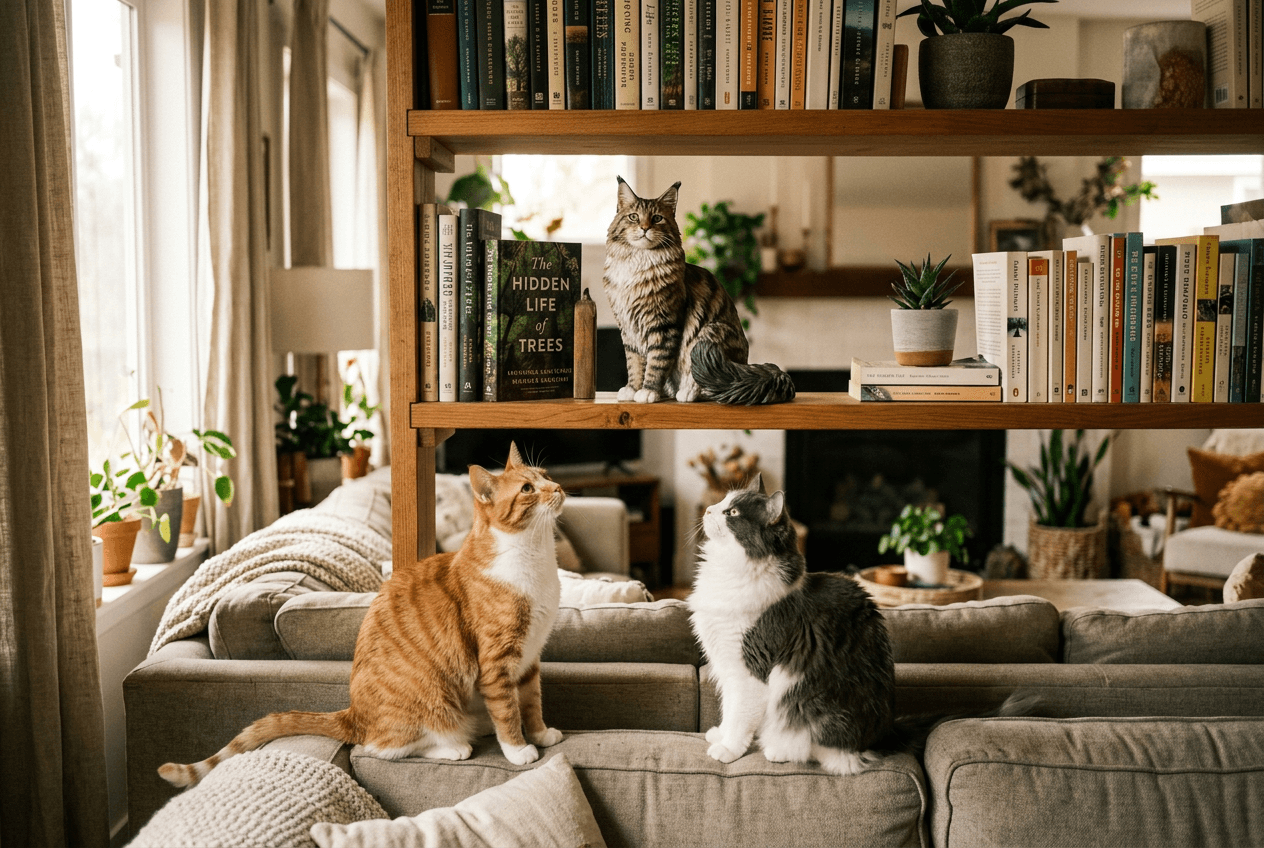 Full-color 3D printed resin Maine Coon figurine on a bookshelf with two real cats looking up from a couch