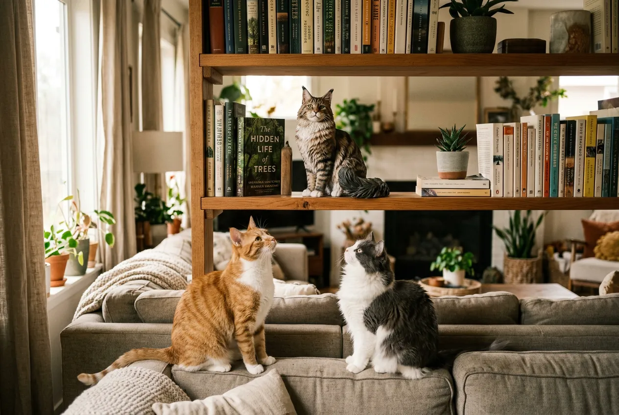 Full-color 3D printed resin Maine Coon figurine on a bookshelf with two real cats looking up from a couch
