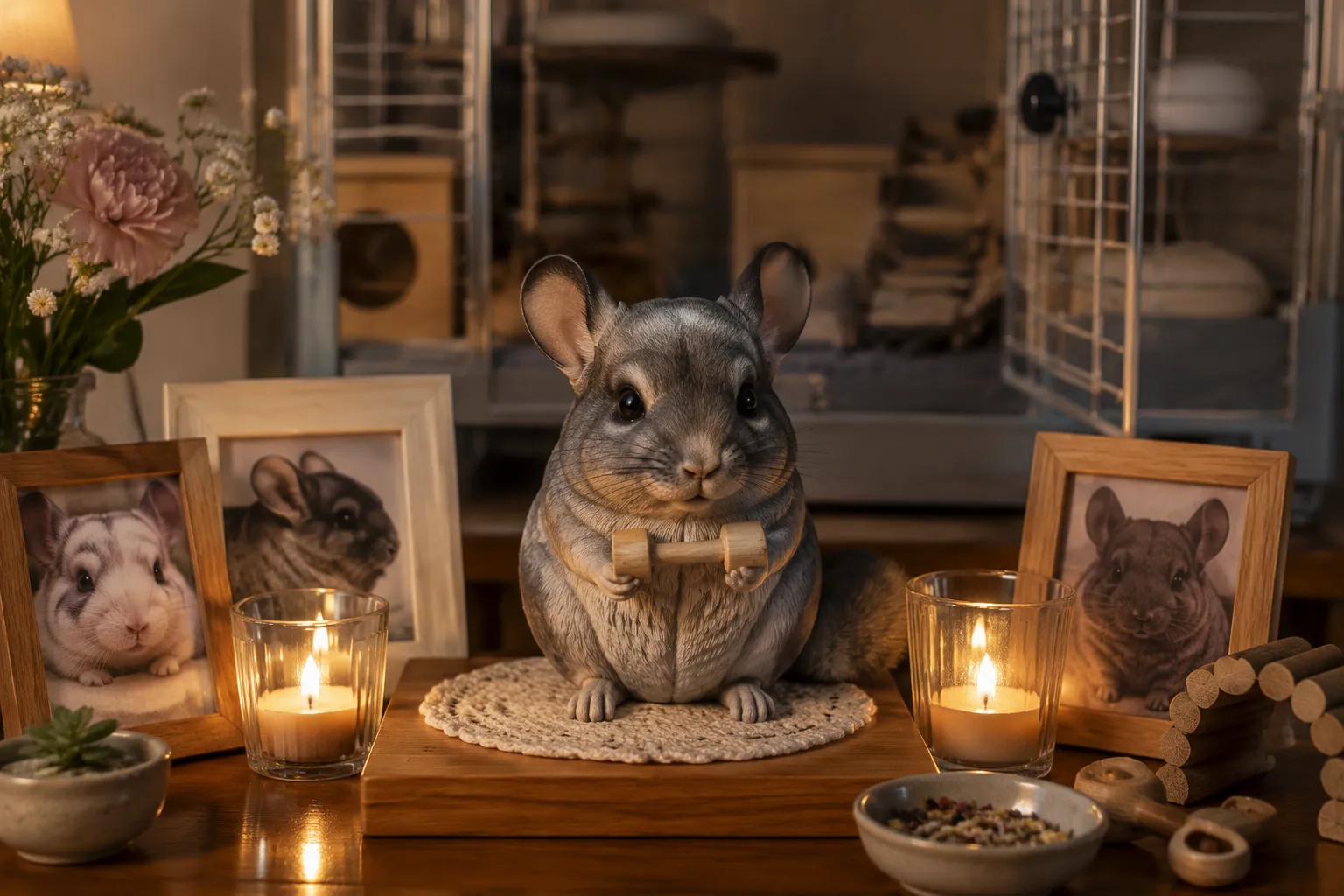 Full-color 3D printed resin Chinchilla figurine with a tiny toy on a home altar surrounded by candles and pet photos with an open cage nearby