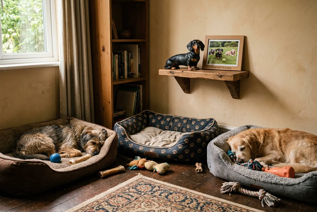 Dachshund 3D figurine above empty dog bed with other dogs' toys and photo of dogs playing together
