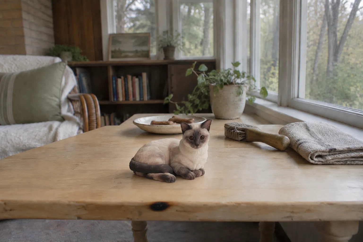 A four-inch mink Tonkinese cat figurine curled asleep on a maple table beside a stoneware dish and a folded towel.