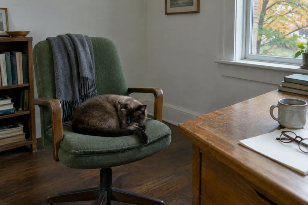 A mink Tonkinese cat asleep in the hollow of a green desk chair beside a mug of cold coffee.