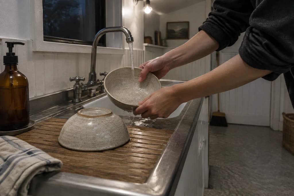 Two hands rinsing a shallow stoneware bowl under a tap at a utility sink under a bare bulb.