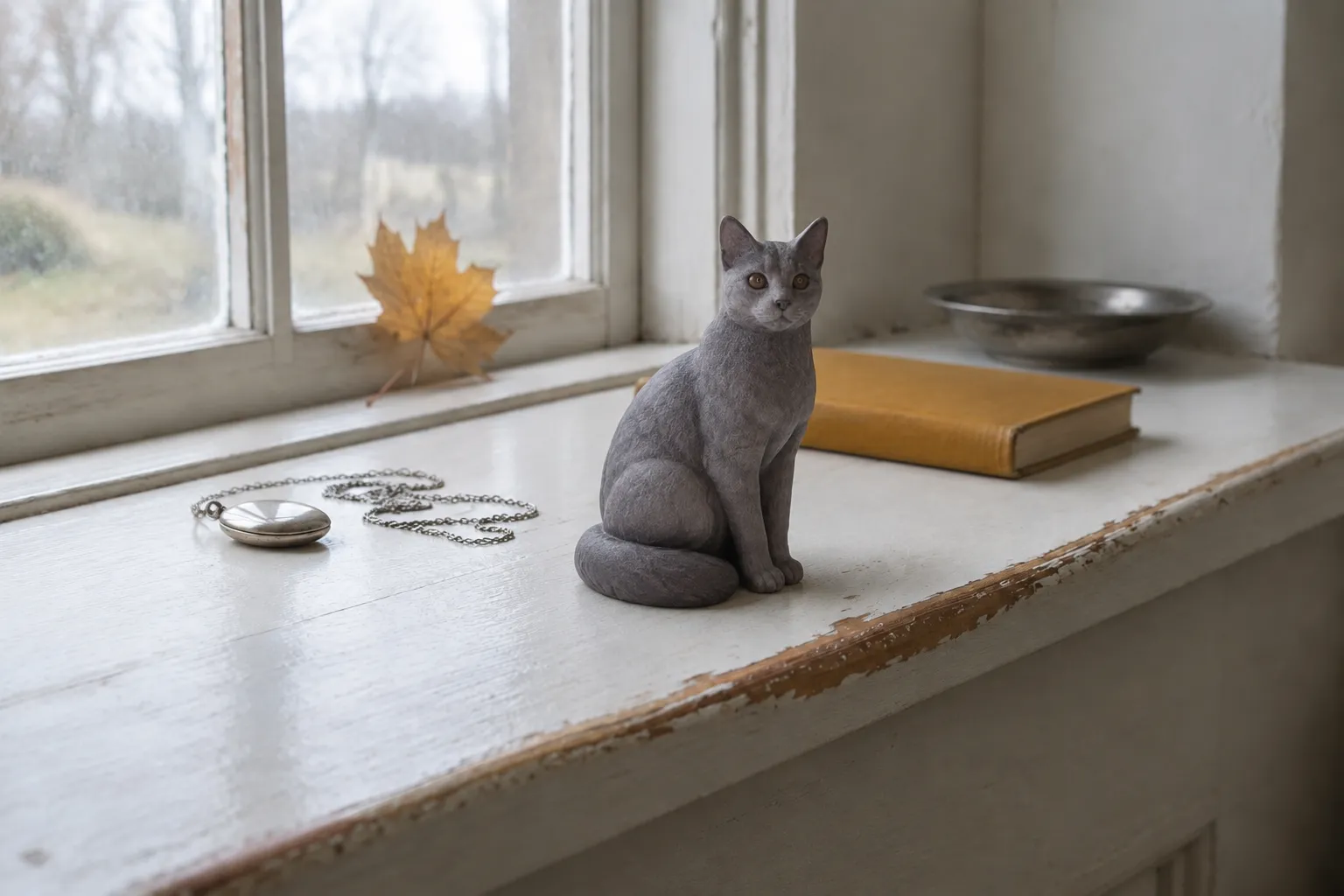 Russian Blue cat figurine on a white windowsill beside a closed silver locket and an ochre cloth album