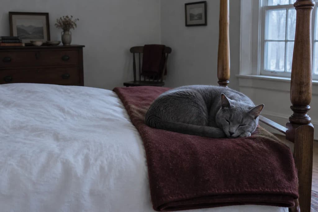 A Russian Blue cat asleep on a folded oxblood wool blanket at the foot of a maple bed in grey morning light