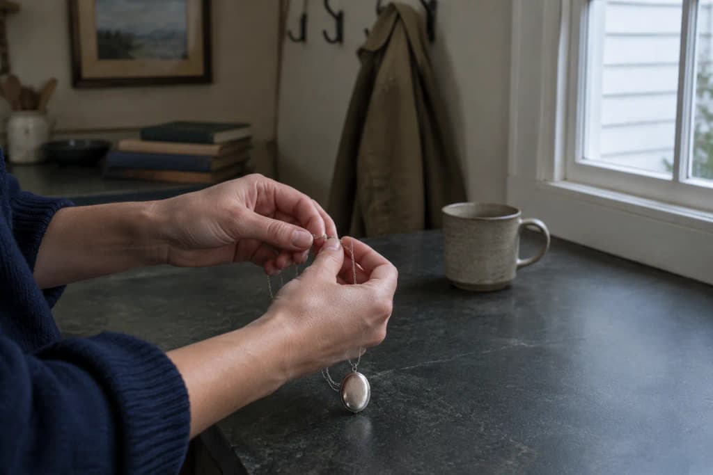 Two hands fasten the clasp of a silver locket on a fine chain above a soapstone counter by a kitchen window