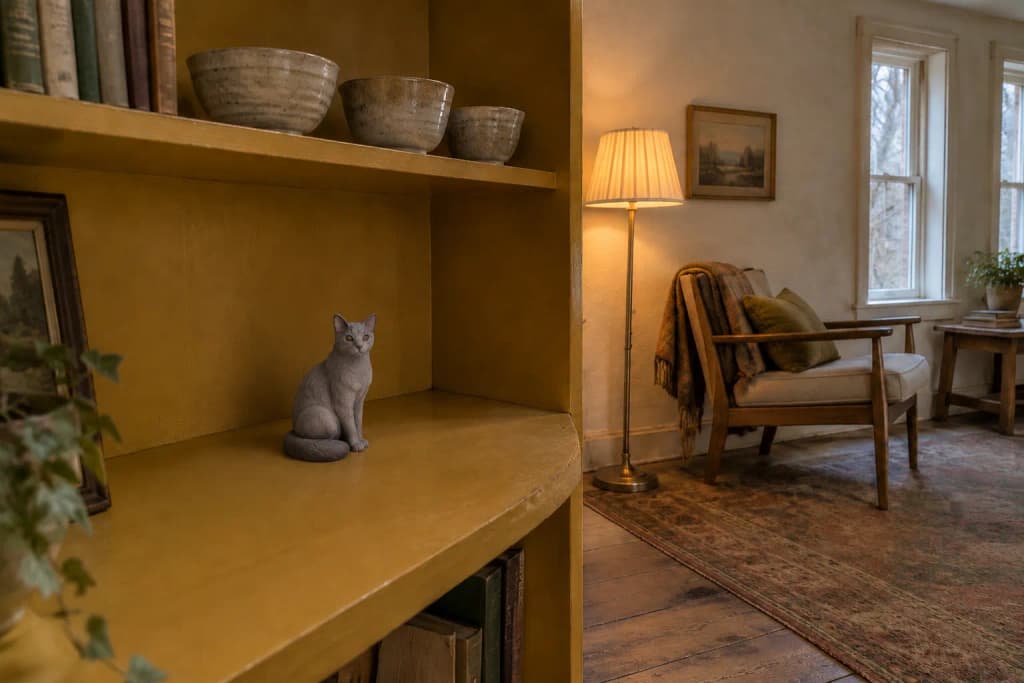 Farmhouse parlor with a Russian Blue cat figurine on a shelf of a mustard corner cupboard, a floor lamp lit beside it