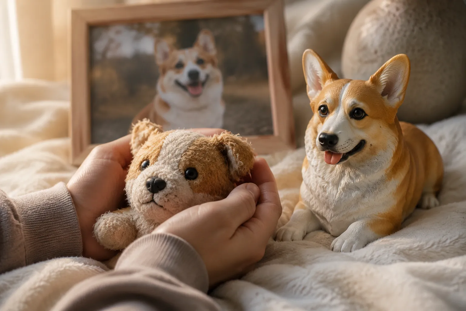 Hands holding a Corgi's plush toy beside a Corgi resin figurine and a softly blurred photo of the real dog
