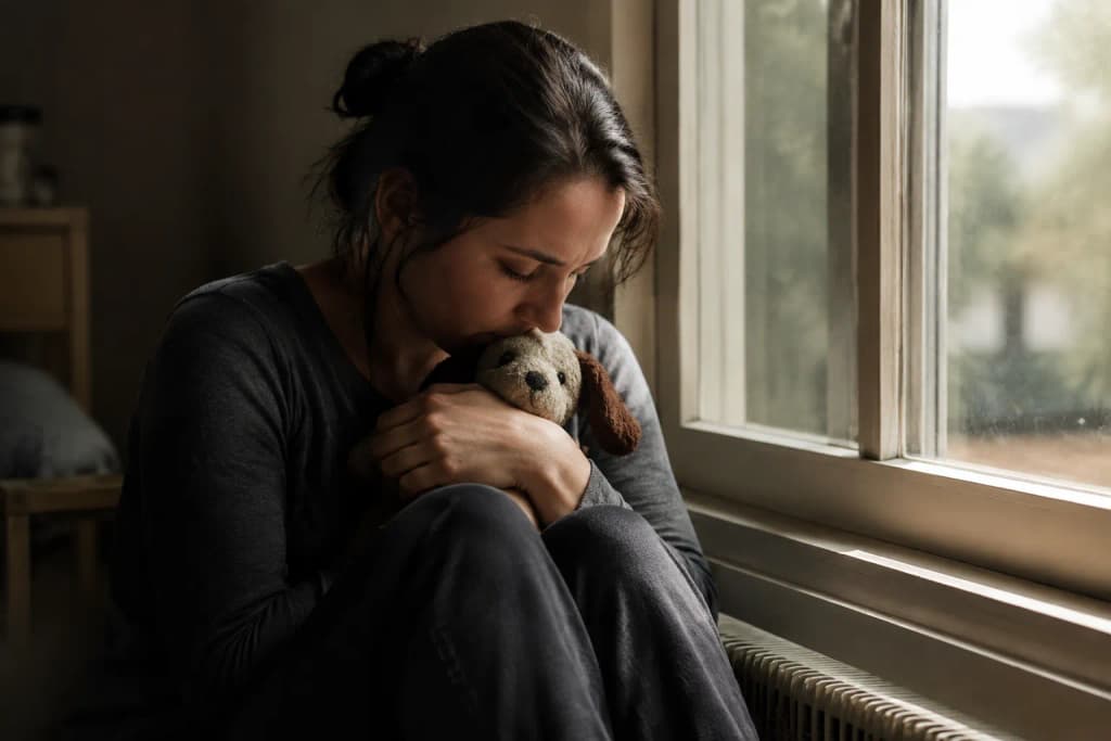 A grieving owner holding their Corgi's favorite worn toy by a window during the first week of loss