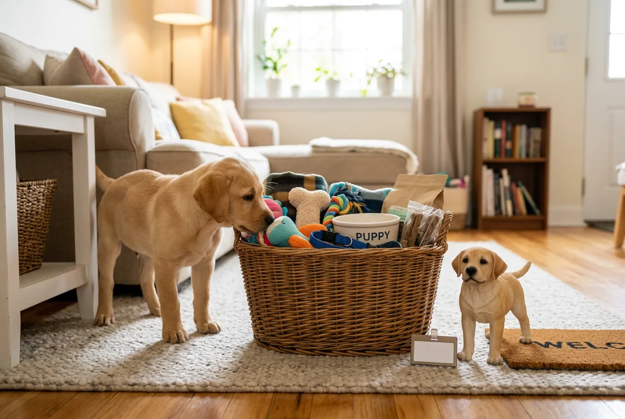 Full-color 3D printed resin Labrador puppy figurine beside welcome supplies with a real Labrador puppy