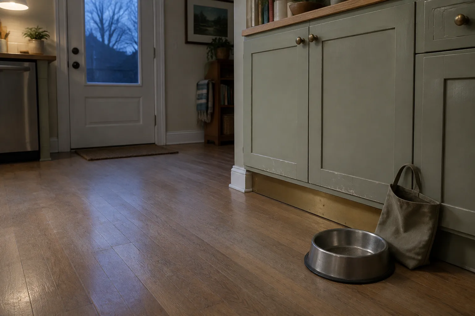 Empty stainless steel dog bowl on an oak kitchen floor beside a scuffed painted cabinet door before dawn