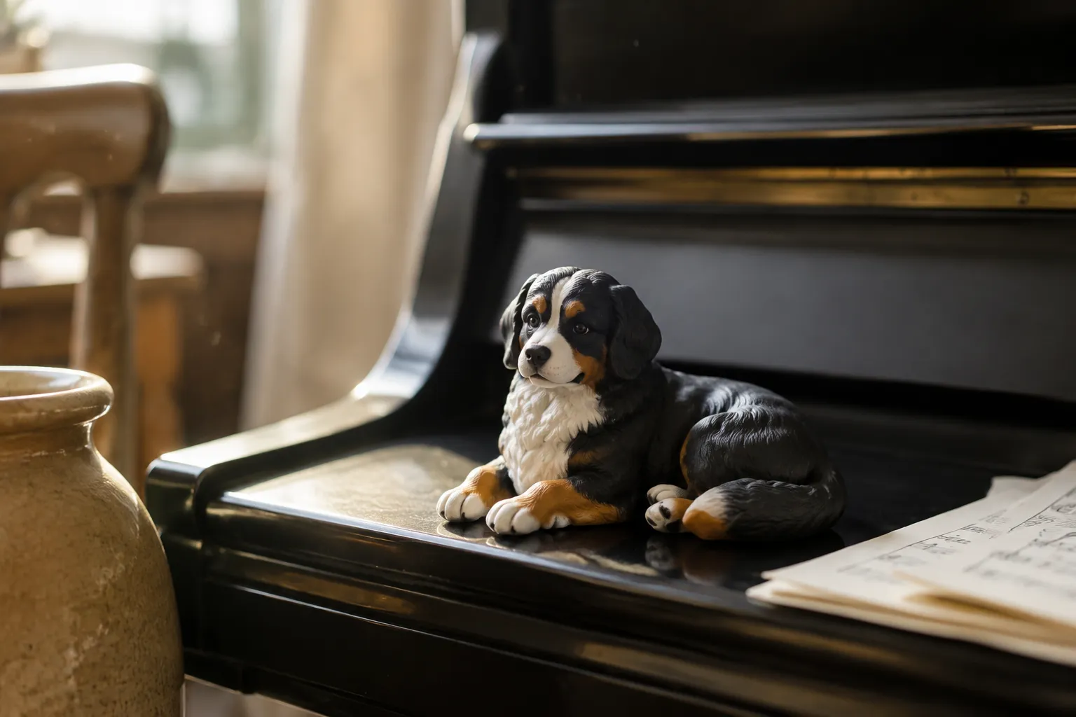 Bernese Mountain Dog figurine lying calmly with tri-color coat