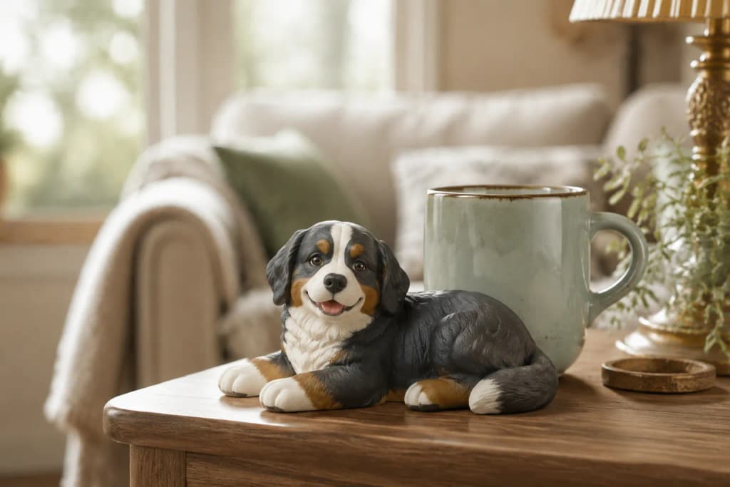 Bernese Mountain Dog figurine lying calmly with tri-color coat — in-article view