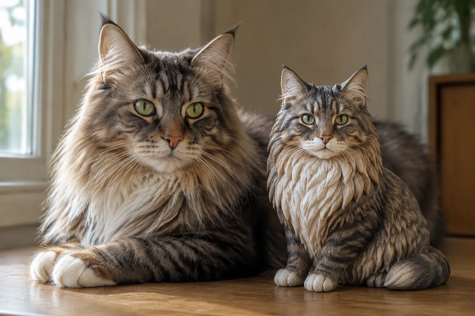 Norwegian Forest Cat and its full-color 3D printed resin figurine side by side, showing detailed coat color accuracy