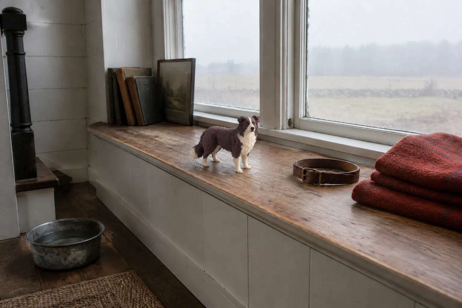 Border Collie figurine lying on a pine window seat beside a folded red wool blanket and leather collar
