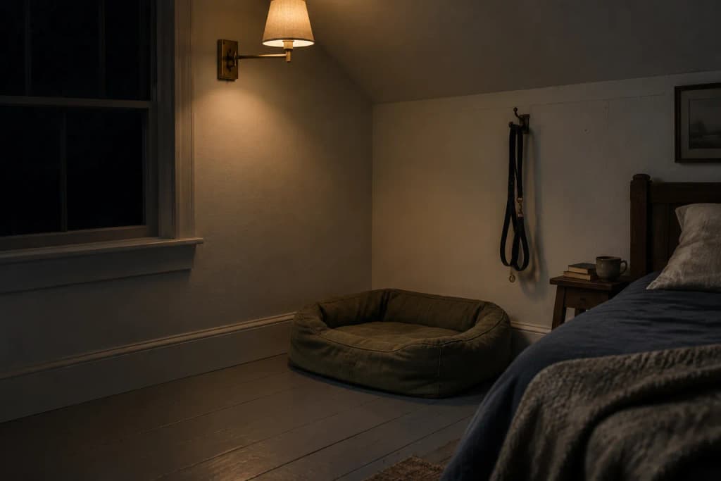 Empty waxed canvas dog bed in a bedroom corner at night, a leather leash hanging on a hook above it