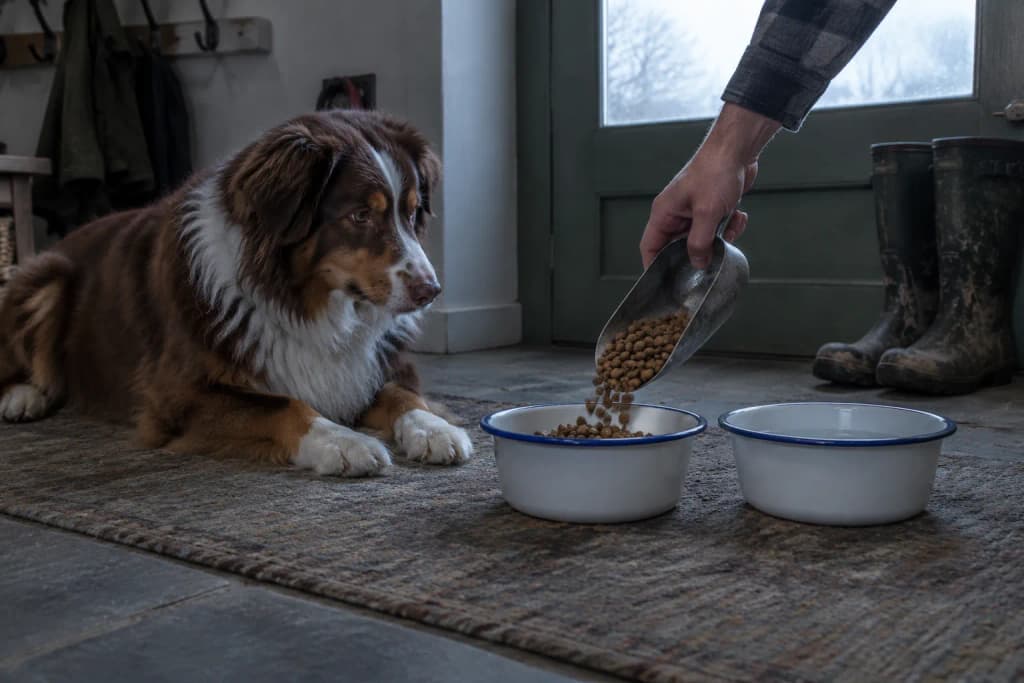 Red tricolour Australian Shepherd lying by a back door beside one full and one empty enamel bowl