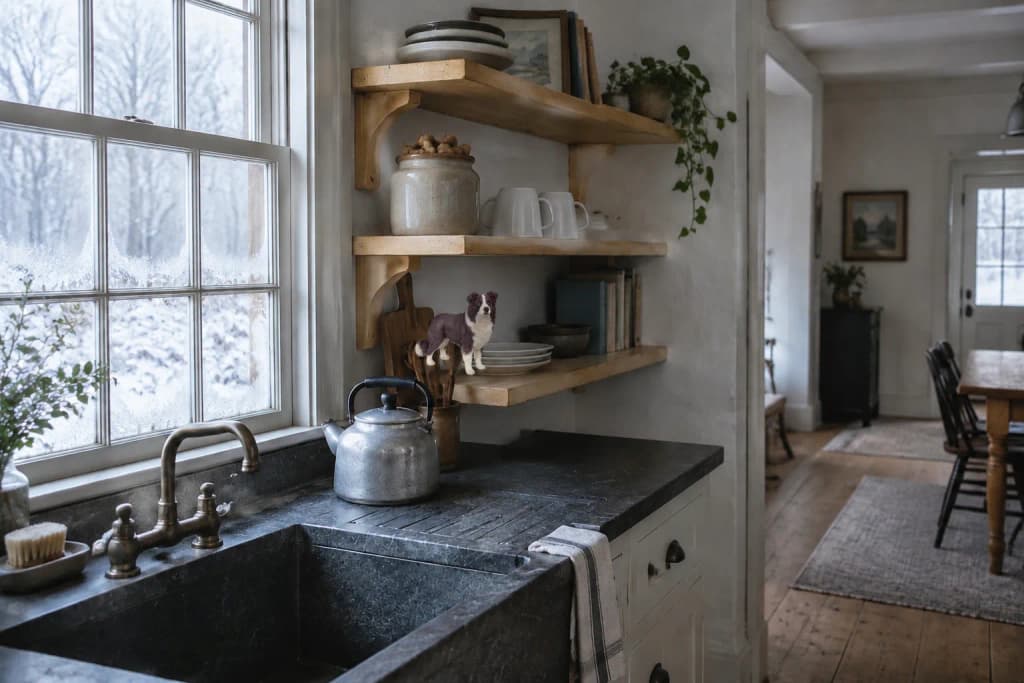 Farmhouse kitchen with a Border Collie figurine on an open birch shelf beside a north window