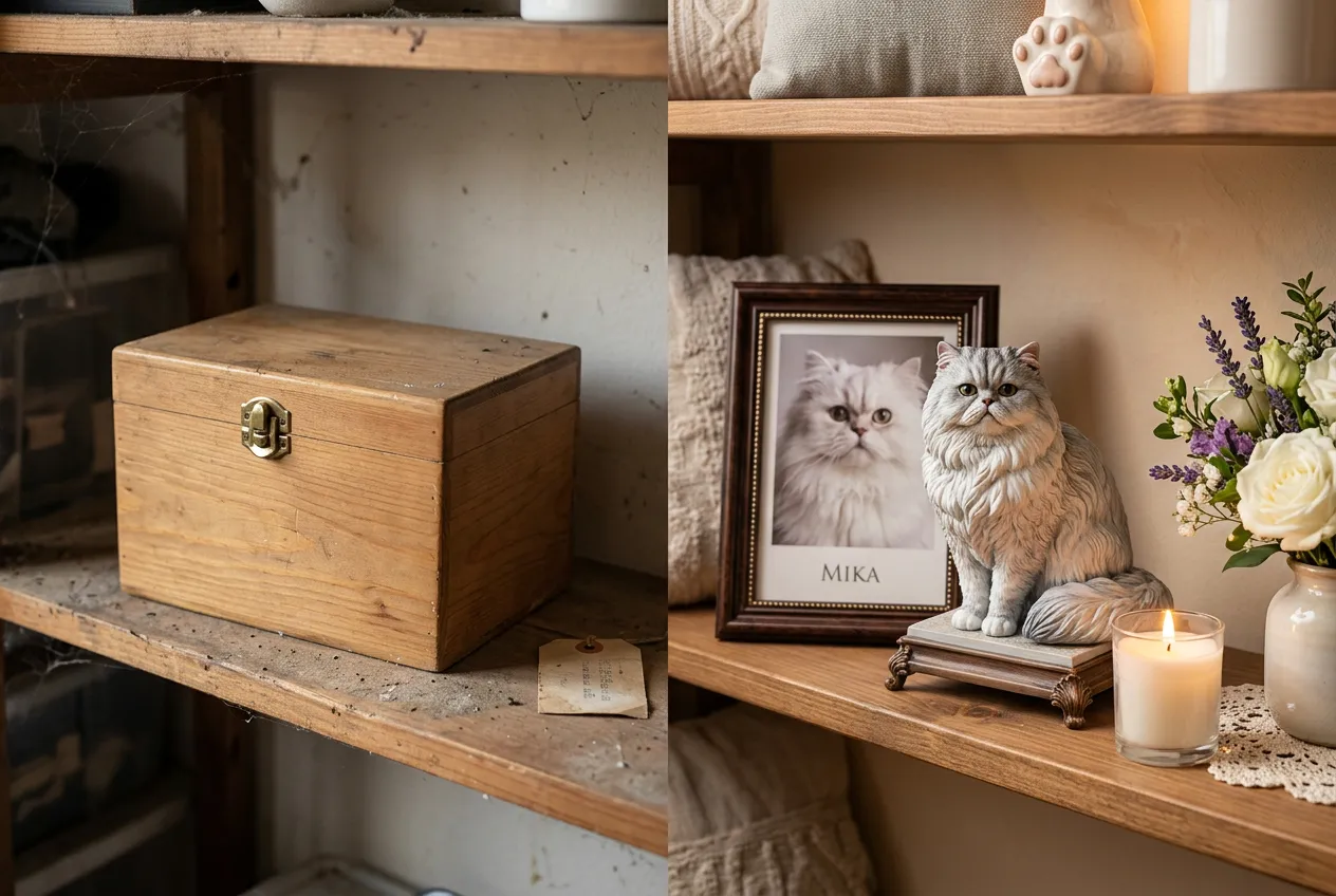Comparison of a plain cremation box versus a styled memorial shelf with a full-color 3D printed resin Persian cat figurine