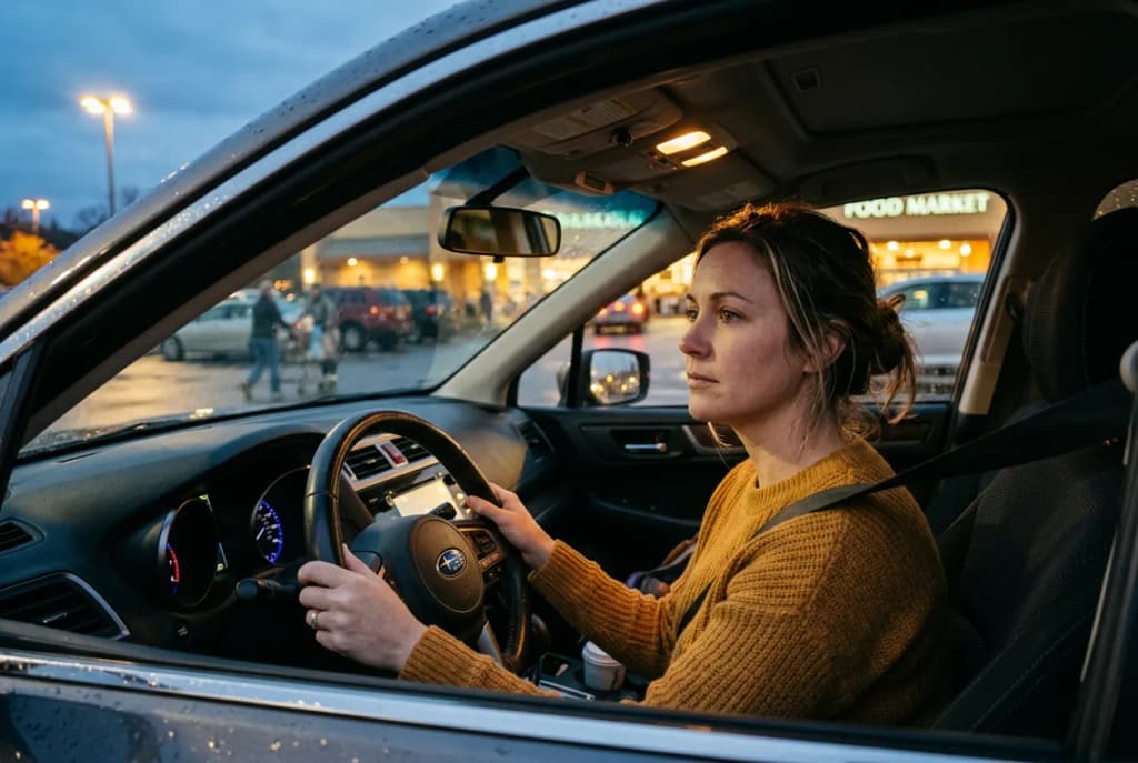 Person sitting alone in a parked car at twilight, experiencing an unexpected wave of pet loss grief