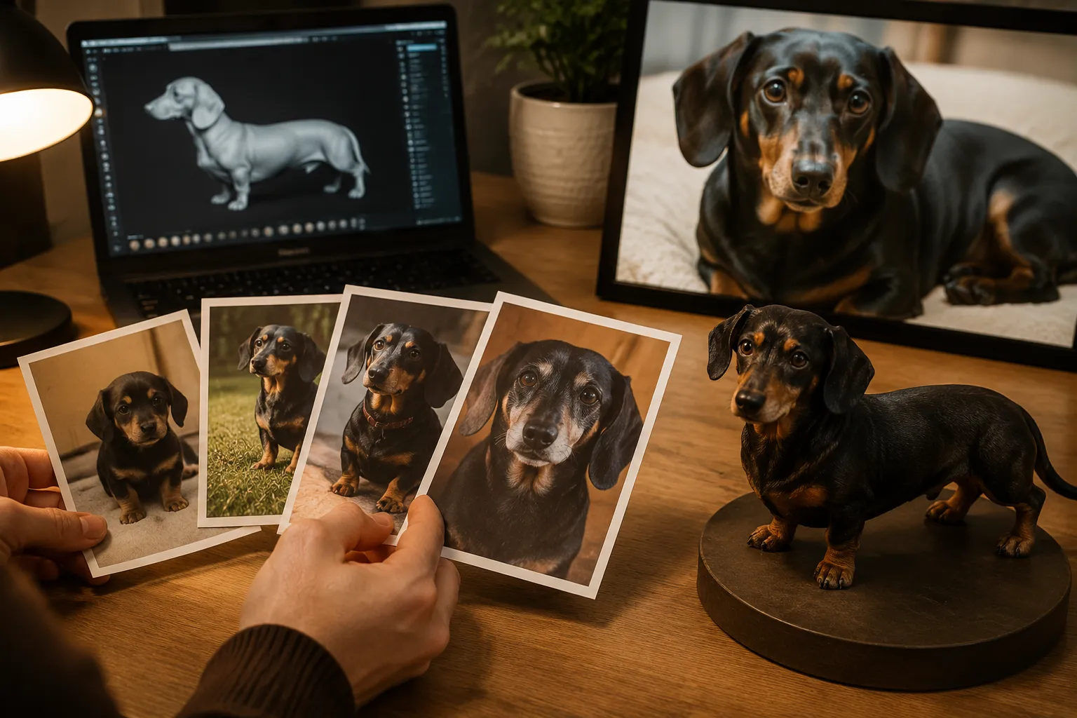 Hands holding old photos of a Dachshund next to a completed full-color 3D printed resin figurine with digital sculpt on laptop screen