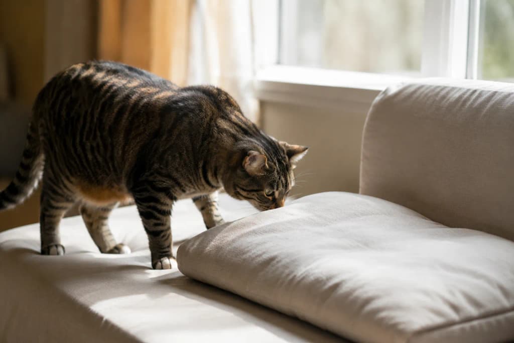 A surviving cat sniffing an empty cushion by a window, searching after the loss of its companion