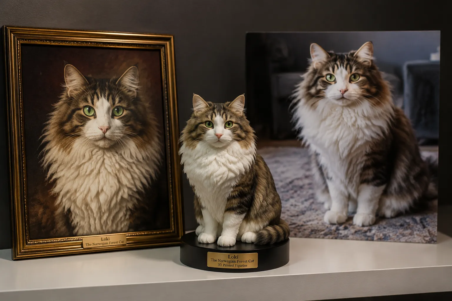 A framed painted portrait beside a dimensional resin Norwegian Forest Cat figurine on a softly lit gallery shelf