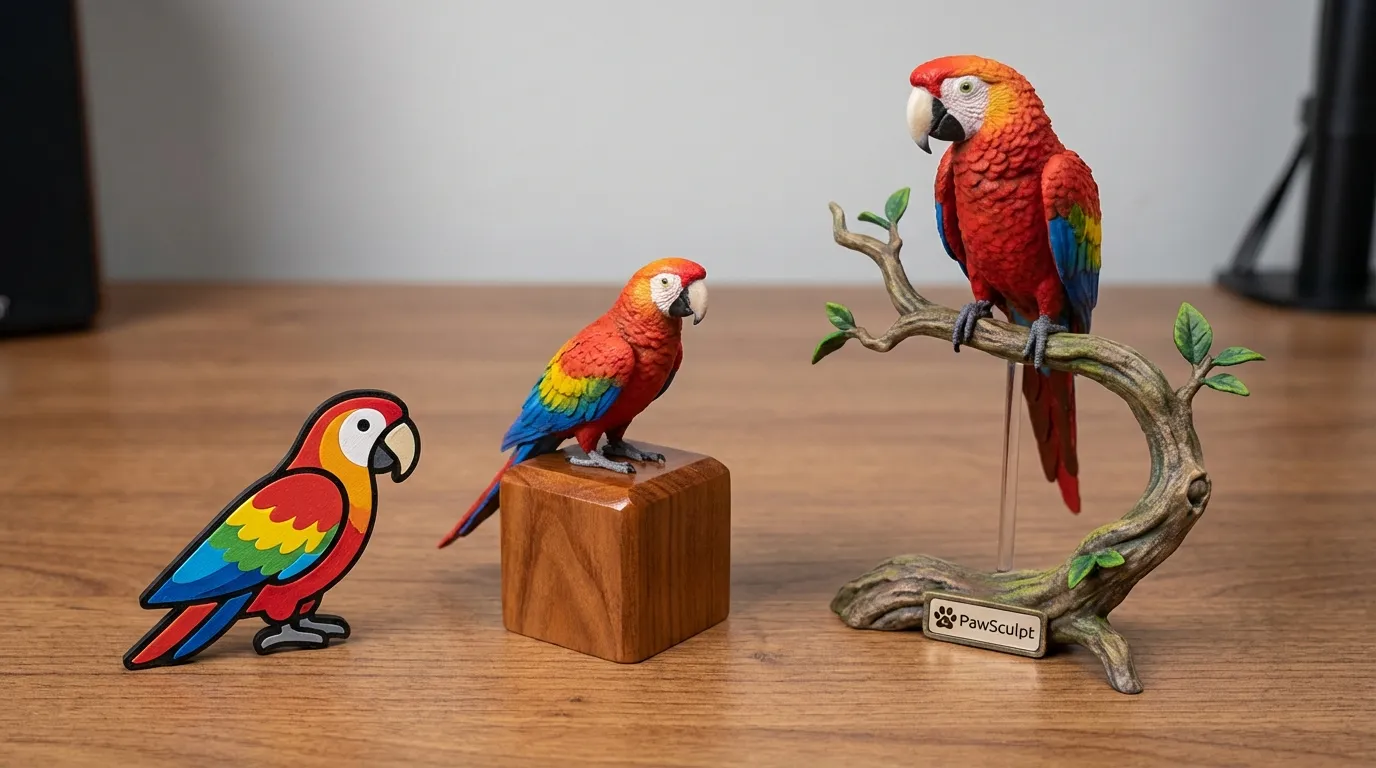 Parrot figurine displayed on three different base types