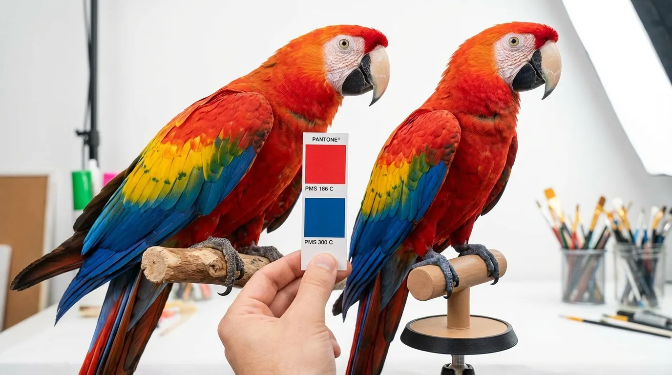 Macaw parrot next to figurine with color matching swatches