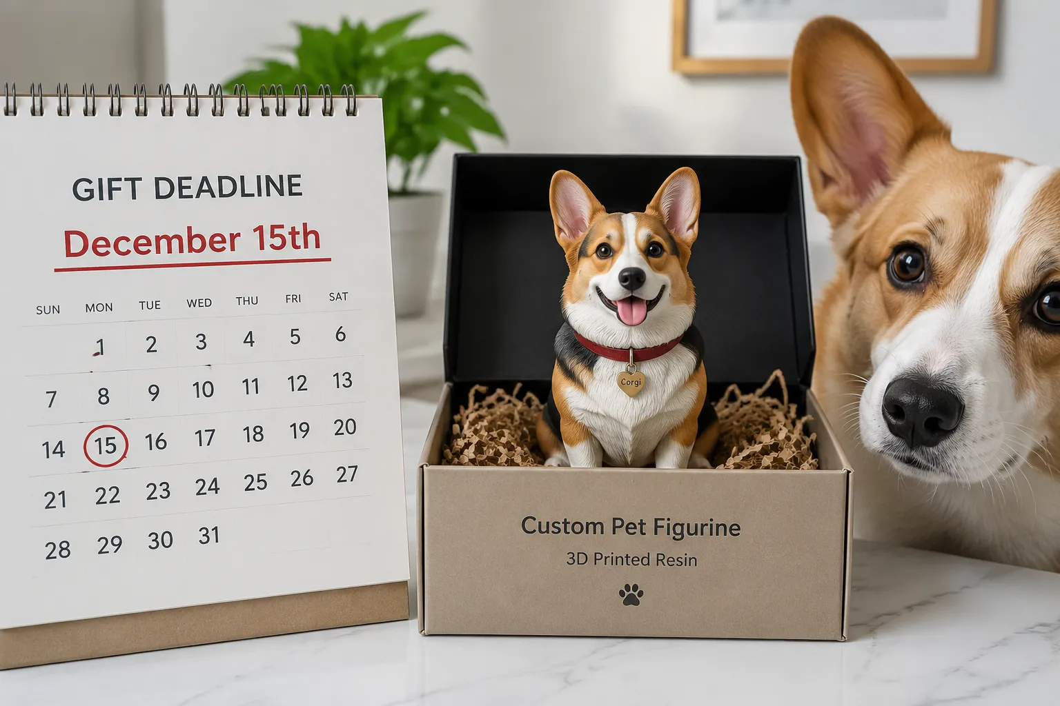 Custom Corgi full-color resin figurine in a gift box beside a calendar, illustrating production timeline planning