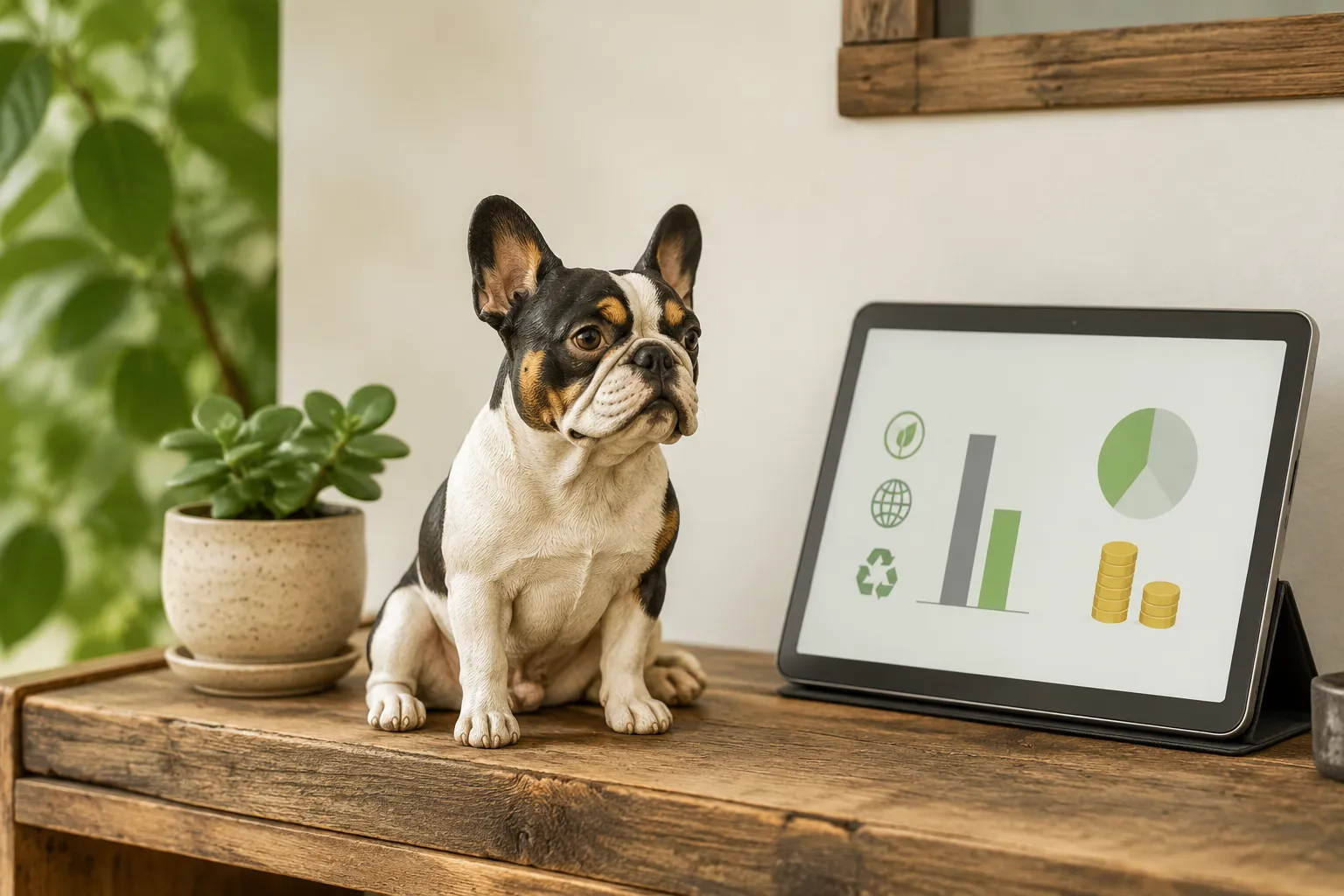 Full-color 3D printed resin French Bulldog figurine on a reclaimed wood shelf with a succulent and sustainability data on a nearby tablet