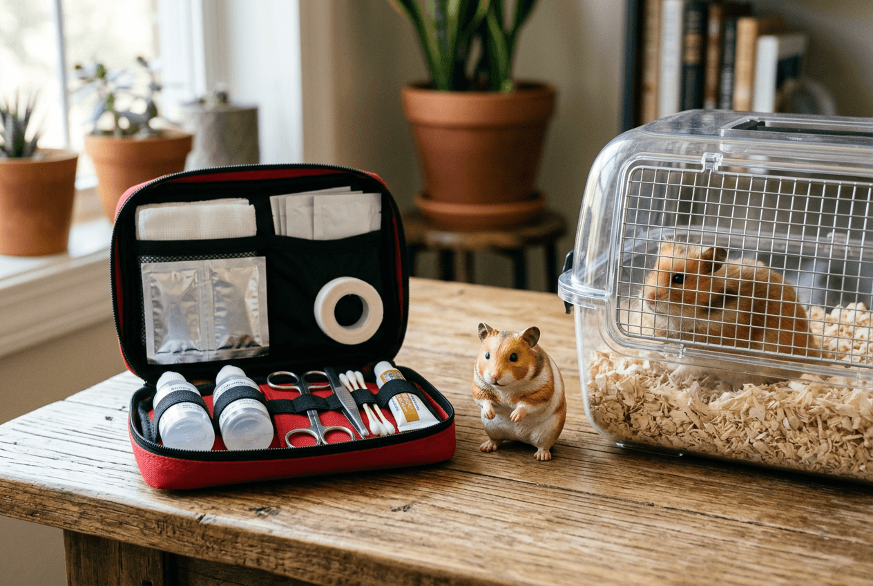 Small pet first aid kit with a full-color 3D printed resin Hamster figurine and a real hamster in a carrier