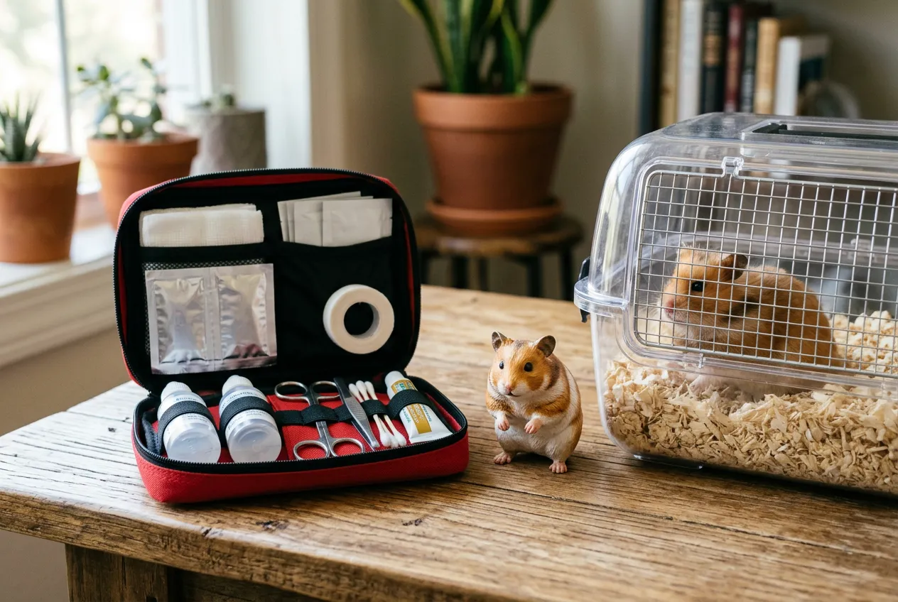 Small pet first aid kit with a full-color 3D printed resin Hamster figurine and a real hamster in a carrier