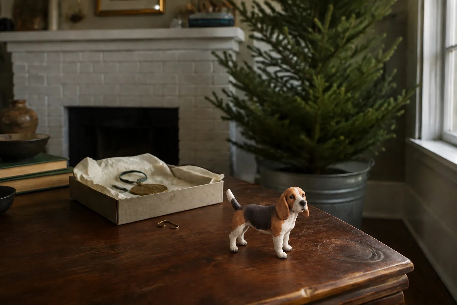 Beagle figurine on a mahogany side table beside a face-down white disc ornament and an open box of tissue