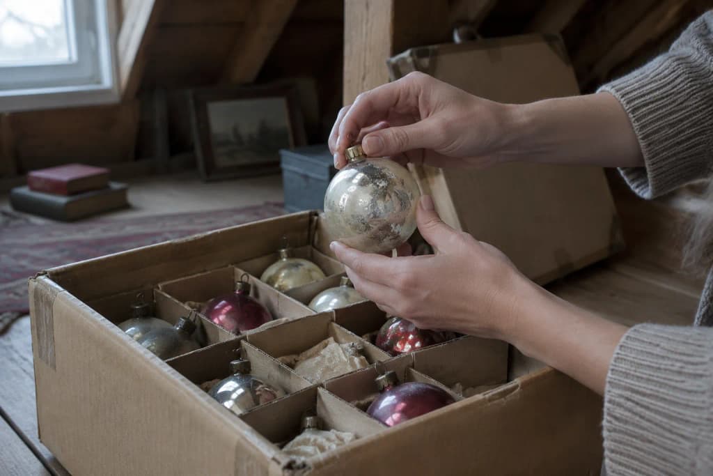 Two hands lifting a worn glass bauble from a divided cardboard box in an attic under pine rafters