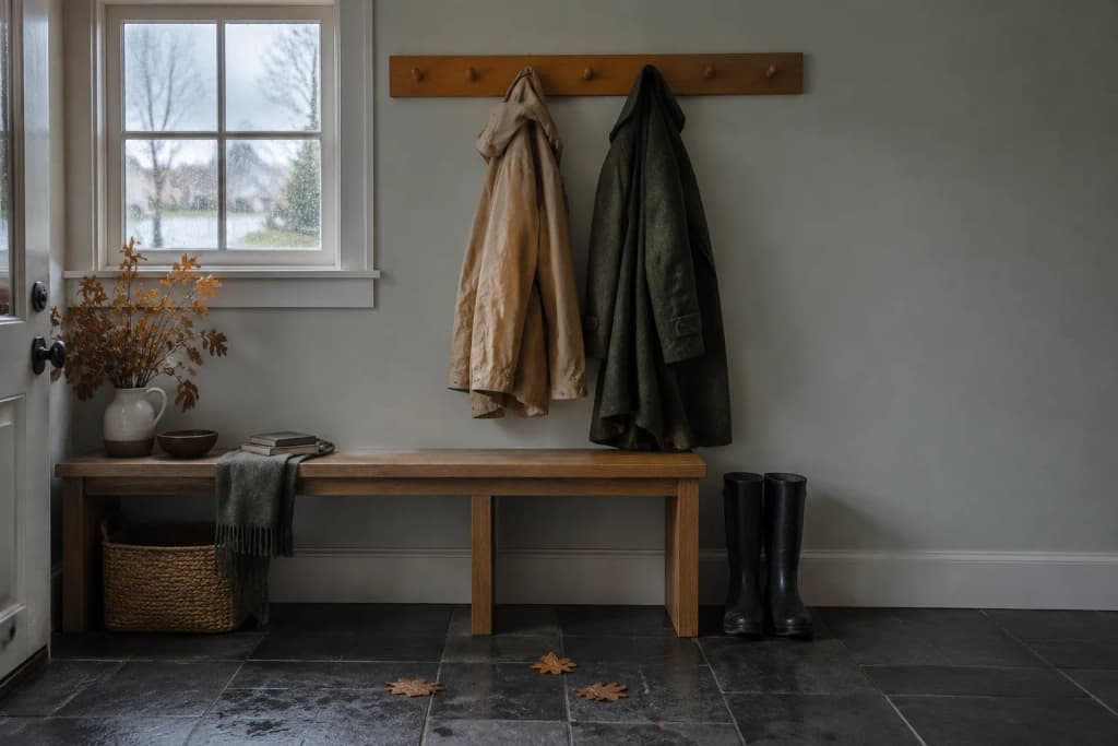 Mudroom peg rail holding a rain jacket and a wool winter coat, rubber boots and oak leaves on a slate floor