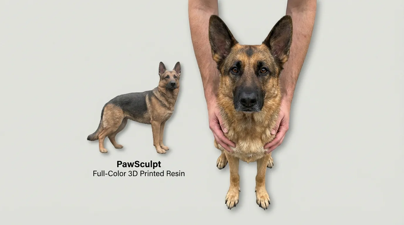Photo of a German Shepherd next to a 3D figurine
