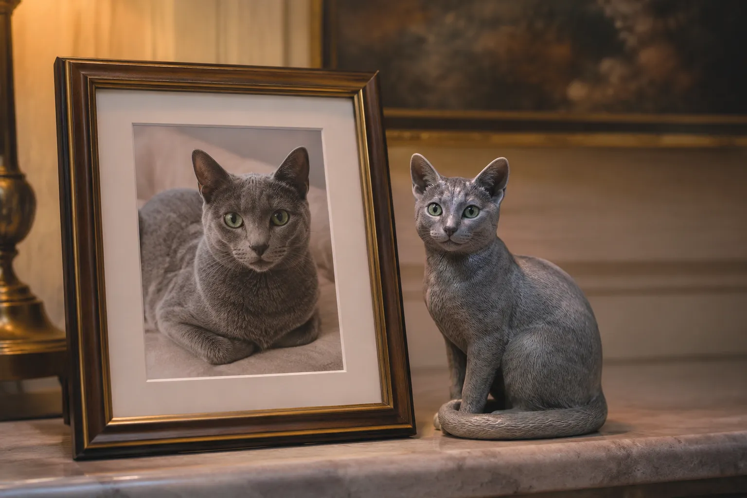 A freshly framed Russian Blue photo beside a serene resin Russian Blue figurine on a softly lit mantel