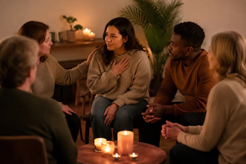 A small support group sitting in a circle in a cozy candlelit room sharing gently in comforting togetherness